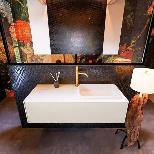 Mondiaz ERIN 120cm badmeubelset onderkast kleur Linen met 1 lade Wastafel RIDGE rechts 1 kraangat kleur Linen ERIN12322