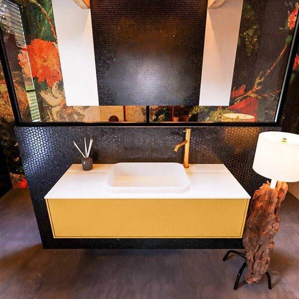 Mondiaz ERIN 120cm badmeubelset onderkast kleur Ocher met 1 lade Wastafel RIDGE midden 1 kraangat kleur Dark grey ERIN11912