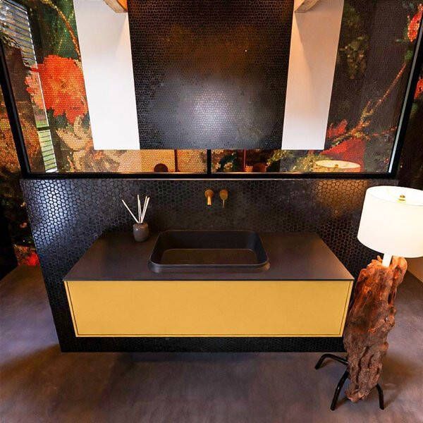 Mondiaz ERIN 120cm badmeubelset onderkast kleur Ocher met 1 lade Wastafel RIDGE midden zonder kraangaten kleur Dark grey ERIN11909