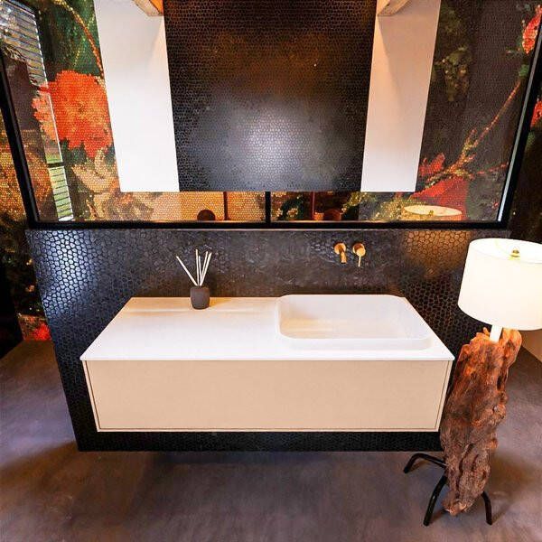 Mondiaz ERIN 120cm badmeubelset onderkast kleur Rosee met 1 lade Wastafel RIDGE rechts zonder kraangaten kleur Urban ERIN11231