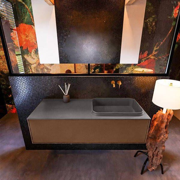 Mondiaz ERIN 120cm badmeubelset onderkast kleur Rust met 1 lade Wastafel RIDGE rechts zonder kraangaten kleur Linen ERIN12557