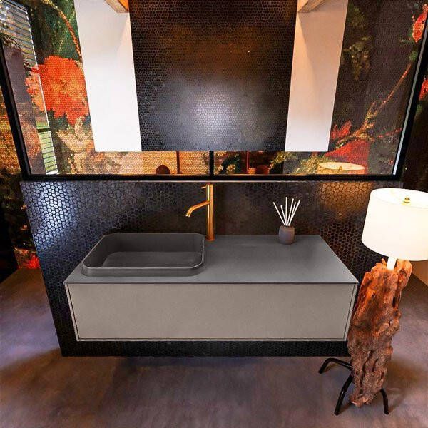 Mondiaz ERIN 120cm badmeubelset onderkast kleur Smoke met 1 lade Wastafel RIDGE links 1 kraangat kleur Linen ERIN12423