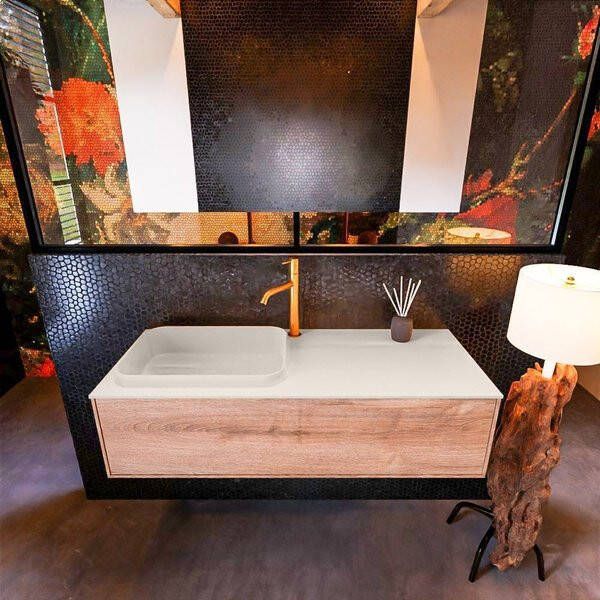 Mondiaz ERIN 120cm badmeubelset onderkast kleur Washed oak met 1 lade Wastafel RIDGE links 1 kraangat kleur Dark grey ERIN12185