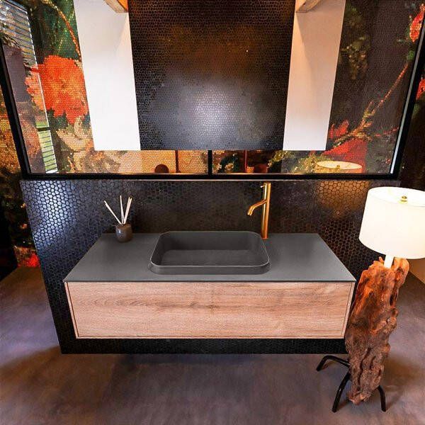 Mondiaz ERIN 120cm badmeubelset onderkast kleur Washed oak met 1 lade Wastafel RIDGE midden 1 kraangat kleur Dark grey ERIN12184