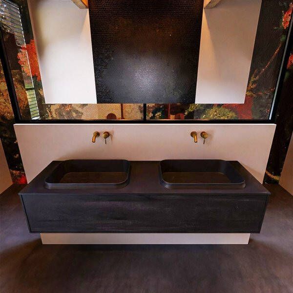 Mondiaz ERIN 150cm badmeubelset onderkast kleur Antracite met 1 lade Wastafel RIDGE dubbel zonder kraangaten kleur Urban ERIN11272