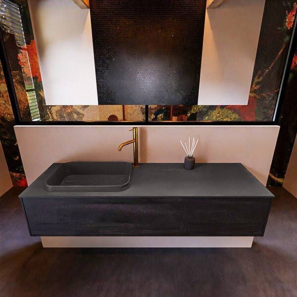 Mondiaz ERIN 150cm badmeubelset onderkast kleur Antracite met 1 lade Wastafel RIDGE links 1 kraangat kleur Linen ERIN12770