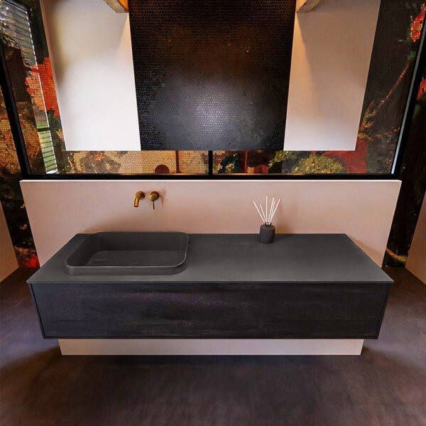 Mondiaz ERIN 150cm badmeubelset onderkast kleur Antracite met 1 lade Wastafel RIDGE links zonder kraangaten kleur Talc ERIN10522