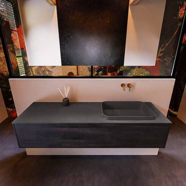 Mondiaz ERIN 150cm badmeubelset onderkast kleur Antracite met 1 lade Wastafel RIDGE rechts zonder kraangaten kleur Dark grey ERIN12019