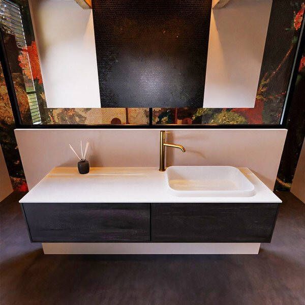 Mondiaz ERIN 150cm badmeubelset onderkast kleur Antracite met 2 lades Wastafel RIDGE rechts 1 kraangat kleur Dark grey ERIN12033