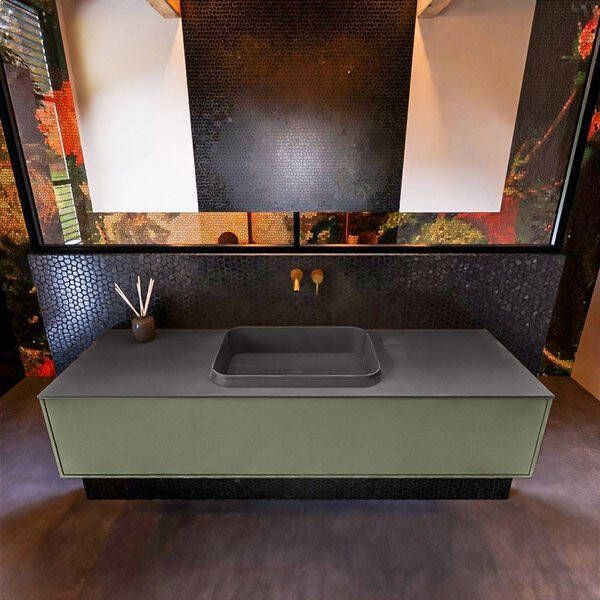 Mondiaz ERIN 150cm badmeubelset onderkast kleur Army met 1 lade Wastafel RIDGE midden zonder kraangaten kleur Urban ERIN11031