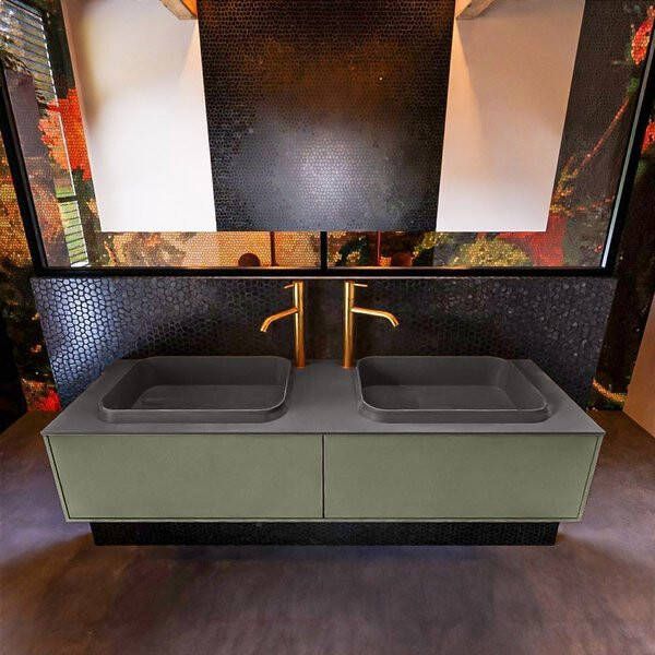 Mondiaz ERIN 150cm badmeubelset onderkast kleur Army met 2 lades Wastafel RIDGE dubbel 2 kraangaten kleur Dark grey ERIN11796 - Foto 2