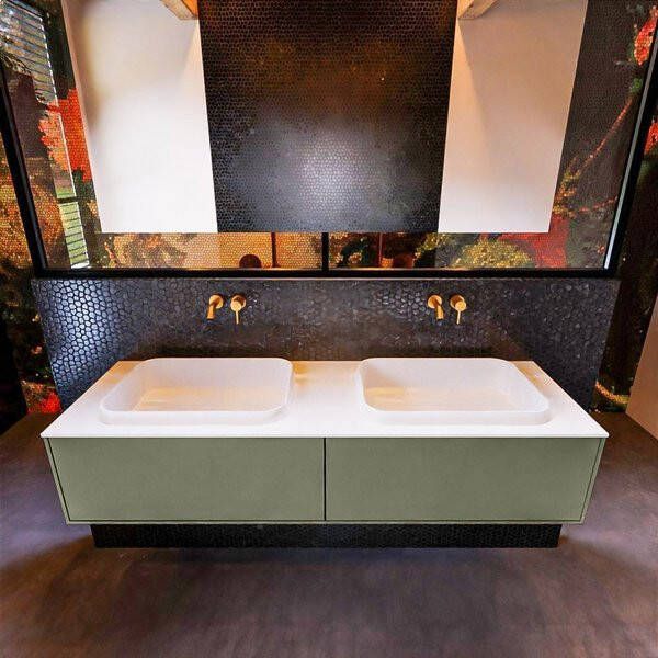 Mondiaz ERIN 150cm badmeubelset onderkast kleur Army met 2 lades Wastafel RIDGE dubbel zonder kraangaten kleur Talc ERIN10297