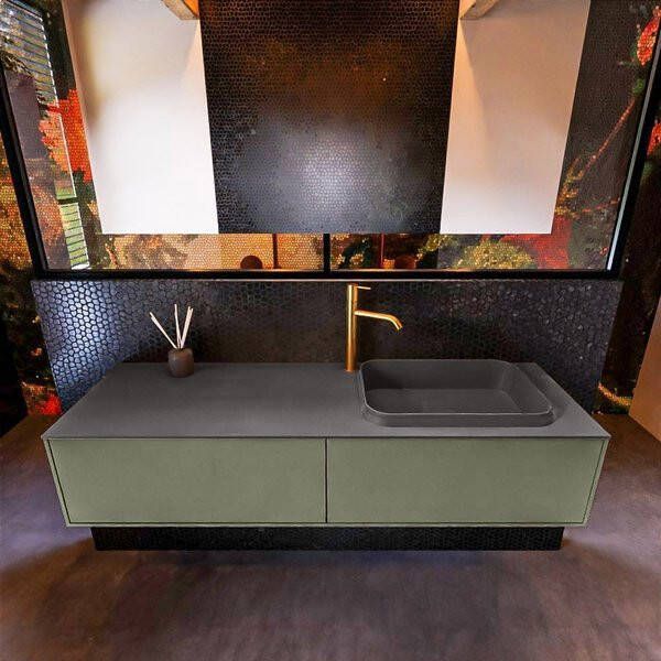 Mondiaz ERIN 150cm badmeubelset onderkast kleur Army met 2 lades Wastafel RIDGE rechts 1 kraangat kleur Talc ERIN10299