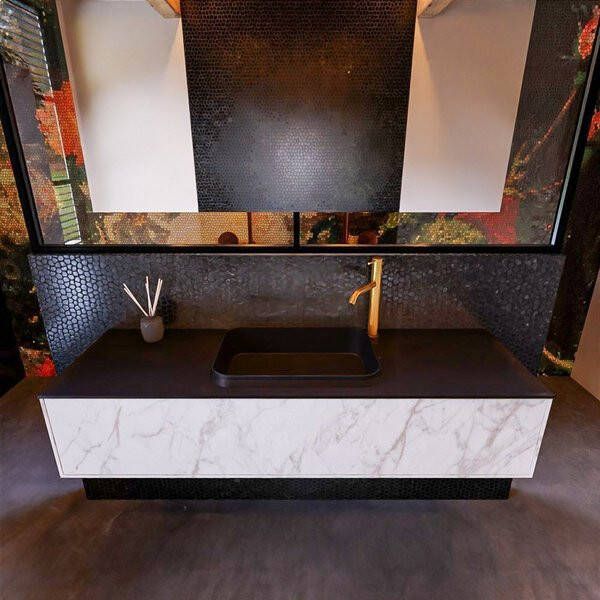 Mondiaz ERIN 150cm badmeubelset onderkast kleur carrara met 1 lade Wastafel RIDGE midden 1 kraangat kleur Linen ERIN12973