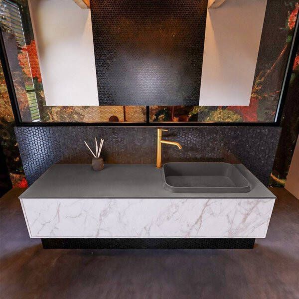 Mondiaz ERIN 150cm badmeubelset onderkast kleur carrara met 1 lade Wastafel RIDGE rechts 1 kraangat kleur Talc ERIN10731