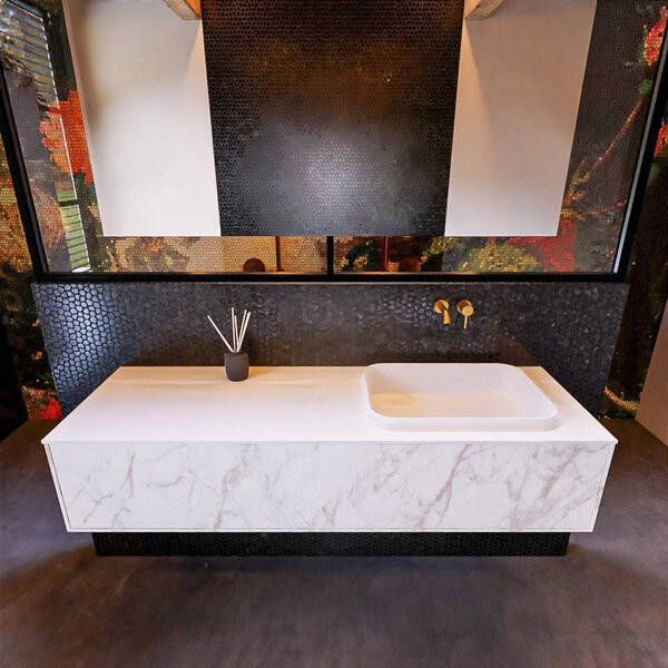 Mondiaz ERIN 150cm badmeubelset onderkast kleur carrara met 1 lade Wastafel RIDGE rechts zonder kraangaten kleur Talc ERIN10727