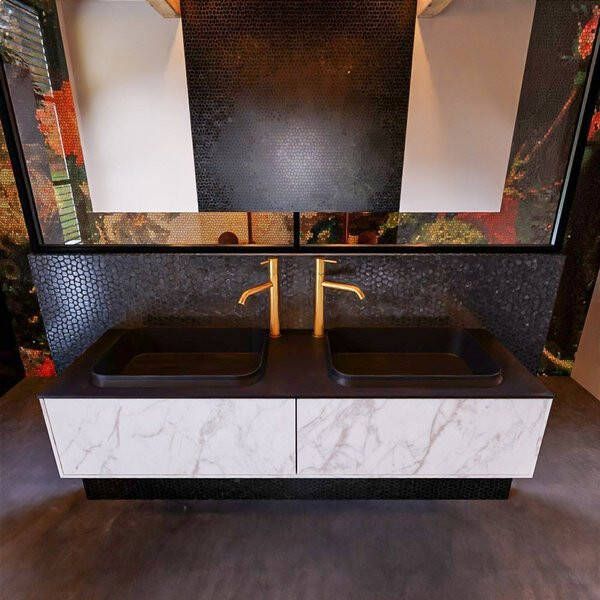 Mondiaz ERIN 150cm badmeubelset onderkast kleur carrara met 2 lades Wastafel RIDGE dubbel 2 kraangaten kleur Linen ERIN12986