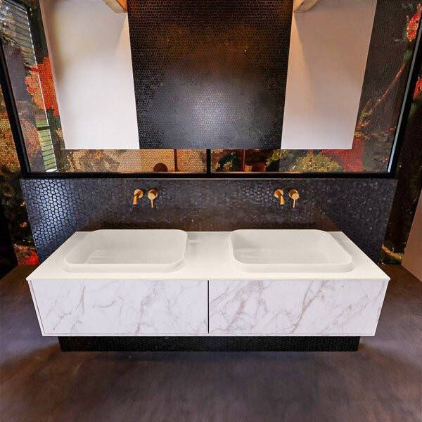 Mondiaz ERIN 150cm badmeubelset onderkast kleur carrara met 2 lades Wastafel RIDGE dubbel zonder kraangaten kleur Talc ERIN10739