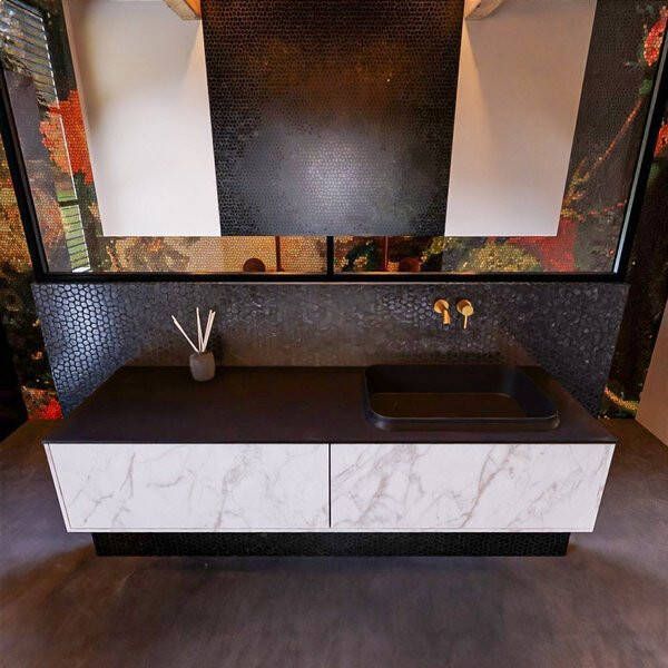 Mondiaz ERIN 150cm badmeubelset onderkast kleur carrara met 2 lades Wastafel RIDGE rechts zonder kraangaten kleur Dark grey ERIN12234