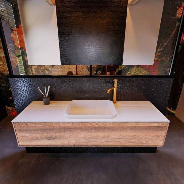 Mondiaz ERIN 150cm badmeubelset onderkast kleur Dark brown grey met 1 lade Wastafel RIDGE midden 1 kraangat kleur Linen ERIN12803