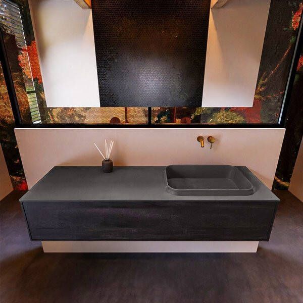 Mondiaz ERIN 150cm badmeubelset onderkast kleur Dark brown met 1 lade Wastafel RIDGE rechts zonder kraangaten kleur Dark grey ERIN12087