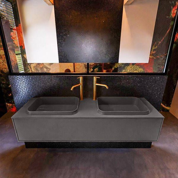 Mondiaz ERIN 150cm badmeubelset onderkast kleur Dark grey met 1 lade Wastafel RIDGE dubbel 2 kraangaten kleur Linen ERIN12500 - Foto 2