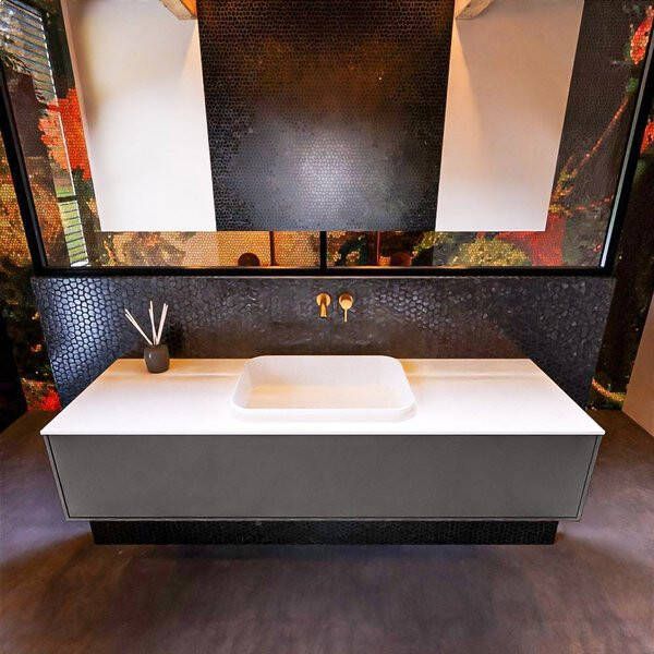 Mondiaz ERIN 150cm badmeubelset onderkast kleur Dark grey met 1 lade Wastafel RIDGE midden zonder kraangaten kleur Linen ERIN12493