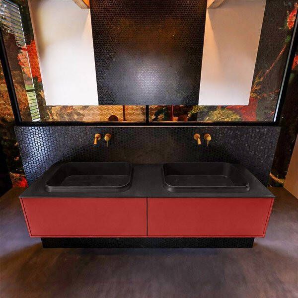 Mondiaz ERIN 150cm badmeubelset onderkast kleur Fire met 2 lades Wastafel RIDGE dubbel zonder kraangaten kleur Talc ERIN10365