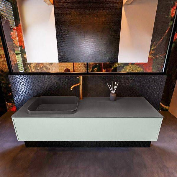 Mondiaz ERIN 150cm badmeubelset onderkast kleur Greey met 1 lade Wastafel RIDGE links 1 kraangat kleur Linen ERIN12362