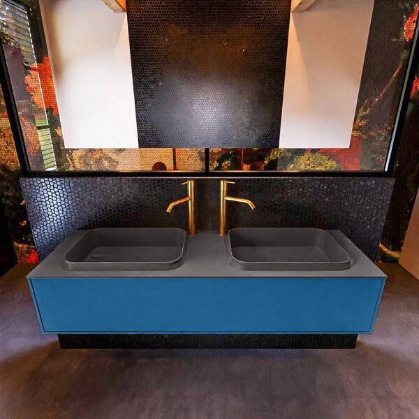 Mondiaz ERIN 150cm badmeubelset onderkast kleur Jeans met 1 lade Wastafel RIDGE dubbel 2 kraangaten kleur Urban ERIN11140