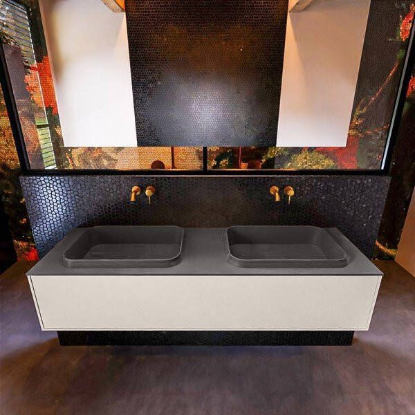 Mondiaz ERIN 150cm badmeubelset onderkast kleur Linen met 1 lade Wastafel RIDGE dubbel zonder kraangaten kleur Dark grey ERIN11578