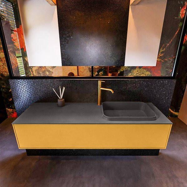 Mondiaz ERIN 150cm badmeubelset onderkast kleur Ocher met 1 lade Wastafel RIDGE rechts 1 kraangat kleur Linen ERIN12669