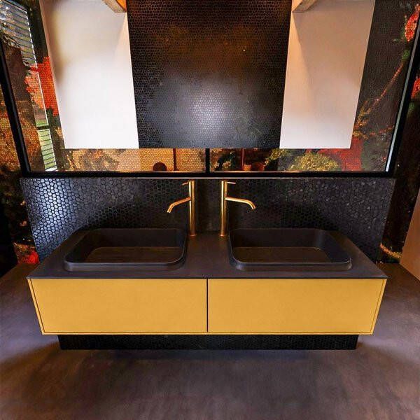 Mondiaz ERIN 150cm badmeubelset onderkast kleur Ocher met 2 lades Wastafel RIDGE dubbel 2 kraangaten kleur Urban ERIN11184