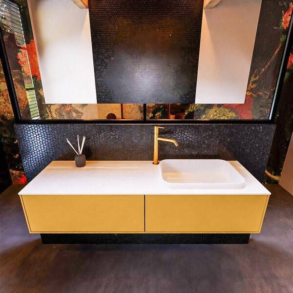 Mondiaz ERIN 150cm badmeubelset onderkast kleur Ocher met 2 lades Wastafel RIDGE rechts 1 kraangat kleur Linen ERIN12679