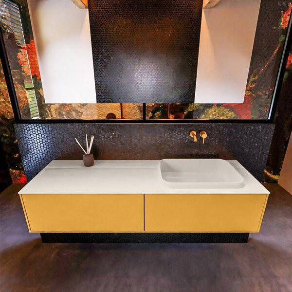 Mondiaz ERIN 150cm badmeubelset onderkast kleur Ocher met 2 lades Wastafel RIDGE rechts zonder kraangaten kleur Talc ERIN10432