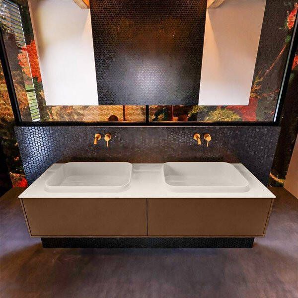 Mondiaz ERIN 150cm badmeubelset onderkast kleur Rust met 2 lades Wastafel RIDGE dubbel zonder kraangaten kleur Urban ERIN11079