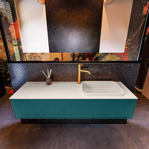 Mondiaz ERIN 150cm badmeubelset onderkast kleur Smag met 1 lade Wastafel RIDGE rechts 1 kraangat kleur Talc ERIN10459