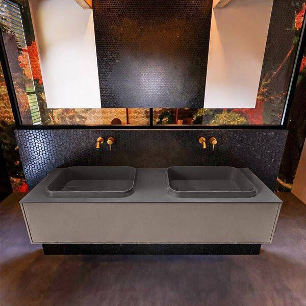 Mondiaz ERIN 150cm badmeubelset onderkast kleur Smoke met 1 lade Wastafel RIDGE dubbel zonder kraangaten kleur Linen ERIN12428