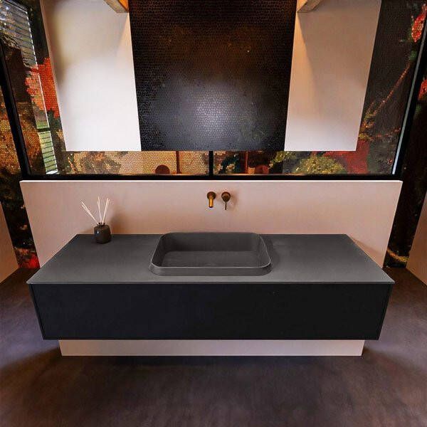 Mondiaz ERIN 150cm badmeubelset onderkast kleur Urban met 1 lade Wastafel RIDGE midden zonder kraangaten kleur Urban ERIN10793