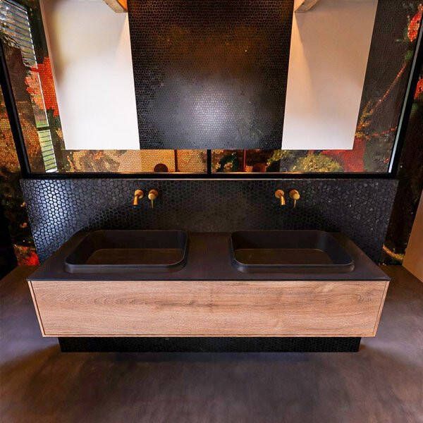 Mondiaz ERIN 150cm badmeubelset onderkast kleur Washed oak met 1 lade Wastafel RIDGE dubbel zonder kraangaten kleur Dark grey ERIN12190