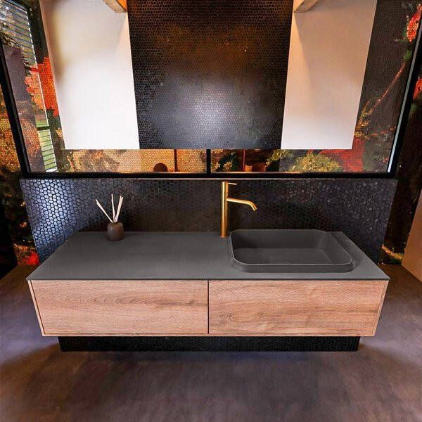 Mondiaz ERIN 150cm badmeubelset onderkast kleur Washed oak met 2 lades Wastafel RIDGE rechts 1 kraangat kleur Dark grey ERIN12203