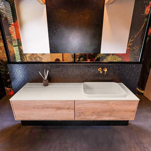 Mondiaz ERIN 150cm badmeubelset onderkast kleur Washed oak met 2 lades Wastafel RIDGE rechts zonder kraangaten kleur Linen ERIN12948 - Foto 2