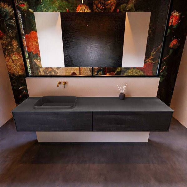 Mondiaz ERIN 200cm badmeubelset onderkast kleur Antracite met 2 lades Wastafel RIDGE links zonder kraangaten kleur Dark grey ERIN12035
