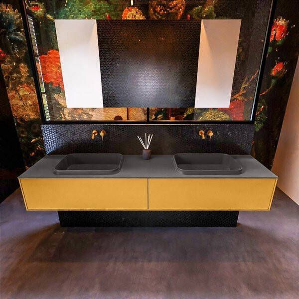 Mondiaz ERIN 200cm badmeubelset onderkast kleur Ocher met 2 lades Wastafel RIDGE dubbel zonder kraangaten kleur Talc ERIN10439