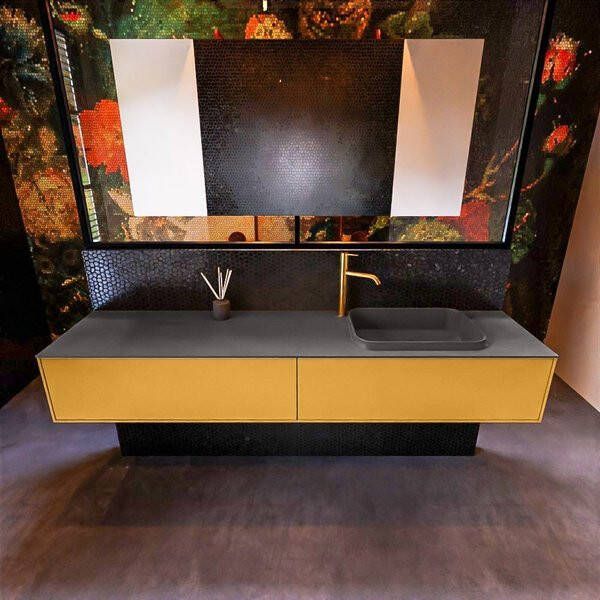 Mondiaz ERIN 200cm badmeubelset onderkast kleur Ocher met 2 lades Wastafel RIDGE rechts 1 kraangat kleur Linen ERIN12685