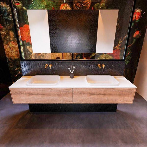 Mondiaz ERIN 200cm badmeubelset onderkast kleur Washed oak met 2 lades Wastafel RIDGE dubbel zonder kraangaten kleur Urban ERIN11459