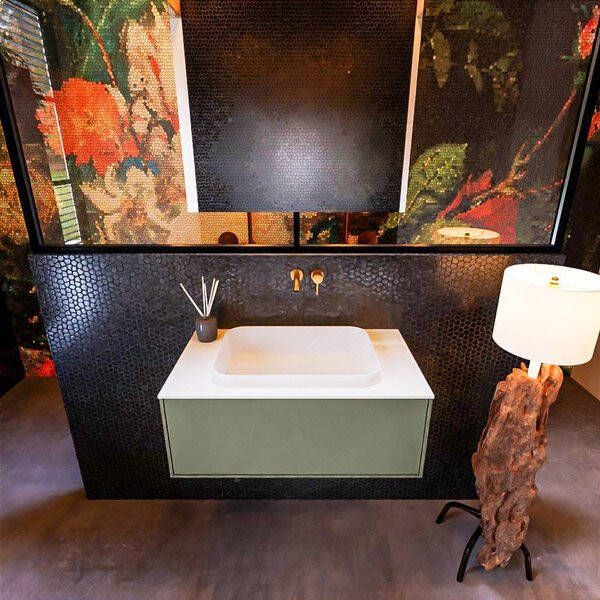 Mondiaz ERIN 80cm badmeubelset onderkast kleur Army met 1 lade Wastafel RIDGE midden zonder kraangaten kleur Linen ERIN12517