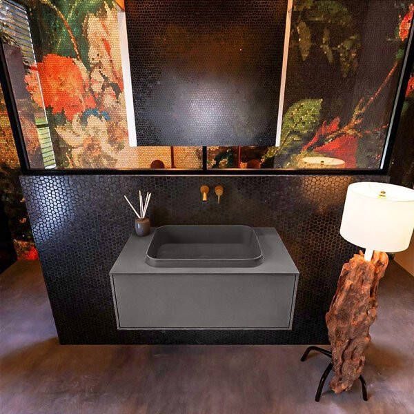 Mondiaz ERIN 80cm badmeubelset onderkast kleur Dark grey met 1 lade Wastafel RIDGE midden zonder kraangaten kleur Urban ERIN10987