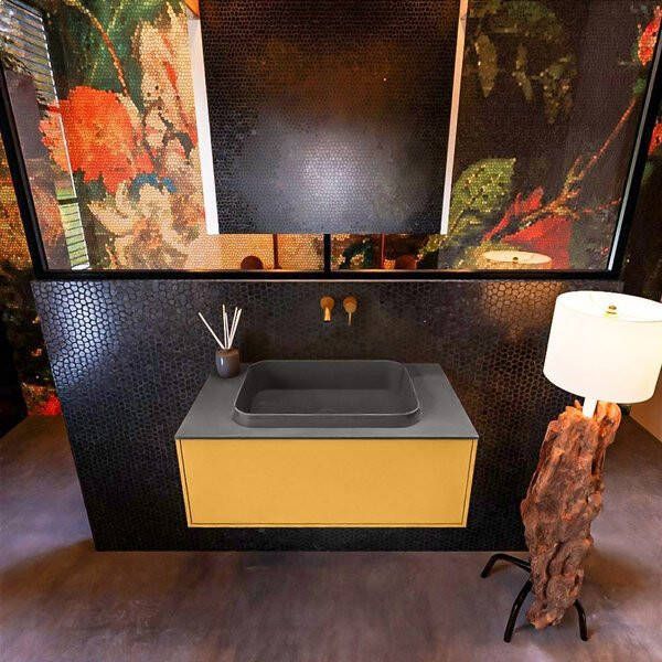 Mondiaz ERIN 80cm badmeubelset onderkast kleur Ocher met 1 lade Wastafel RIDGE midden zonder kraangaten kleur Talc ERIN10409 - Foto 1