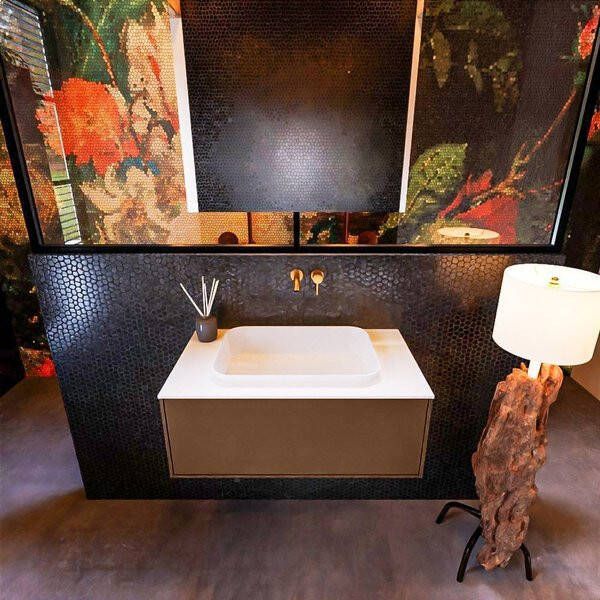 Mondiaz ERIN 80cm badmeubelset onderkast kleur Rust met 1 lade Wastafel RIDGE midden zonder kraangaten kleur Dark grey ERIN11803